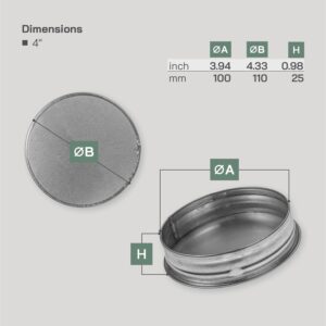 Vent Systems 4" Inch Pack of 2 Metal Tee Caps. Galvanized Steel End Cap. Dryer Vent Cover. Dryer Duct End Cap. 4In Steel End Cap. Steel Plug 4Inch. Round Metal Duct Fitting. Reusable