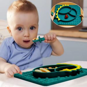 NICINGU Silicone Toddler Dinosaur Feeding Placemat Sets with Spoon and Forks,Baby Push Pop Bubble Suction Divided Plate Utensils Sets,Kids Led Weaning Dish Sets-Bubble Blue Dinosaur Placemat Sets