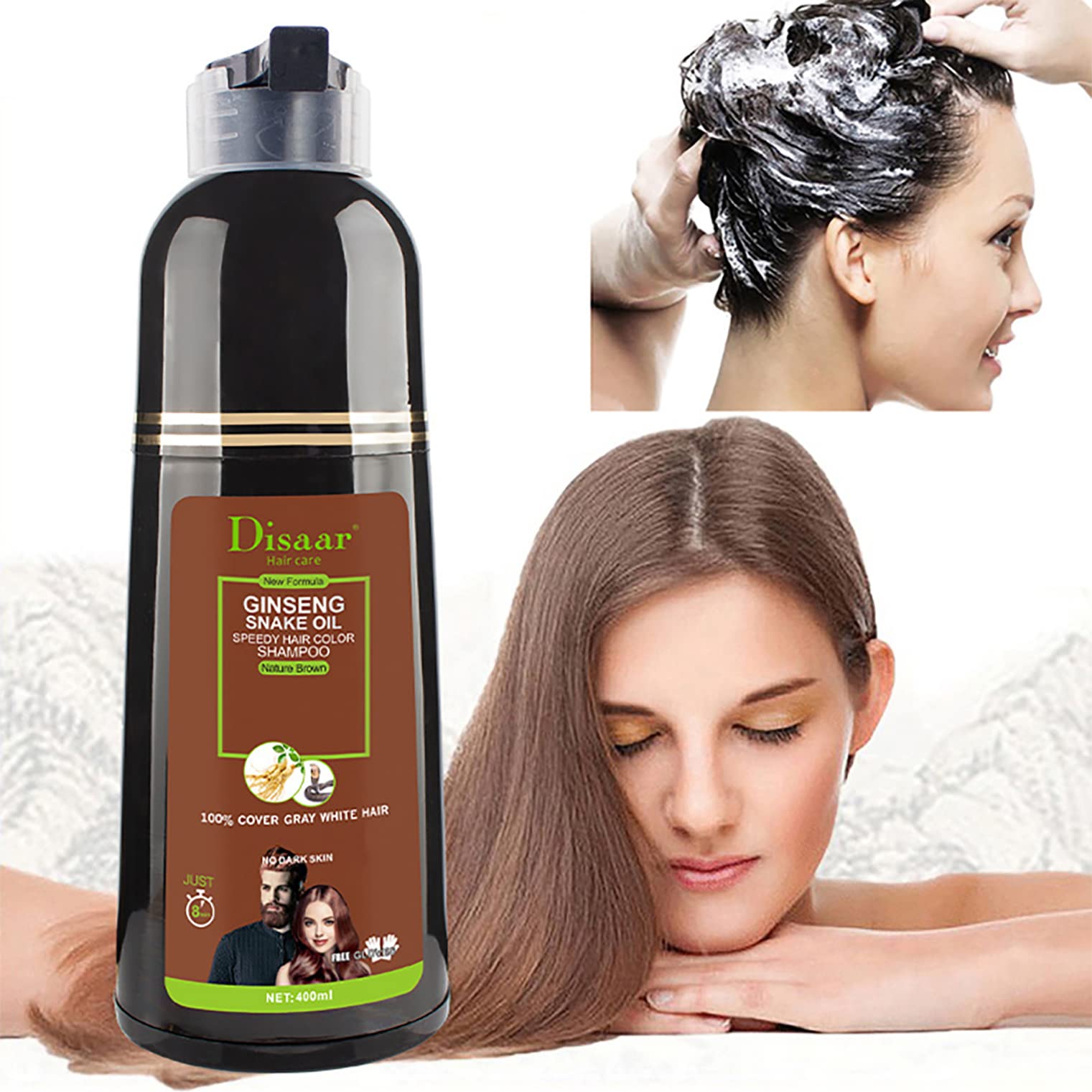 DISAAR Beauty Speedy Hair Color Shampoo 100% Cover Gray White Hair Easy To Use Long Lasting 400ml/13.53fl.oz (Natural Brown)