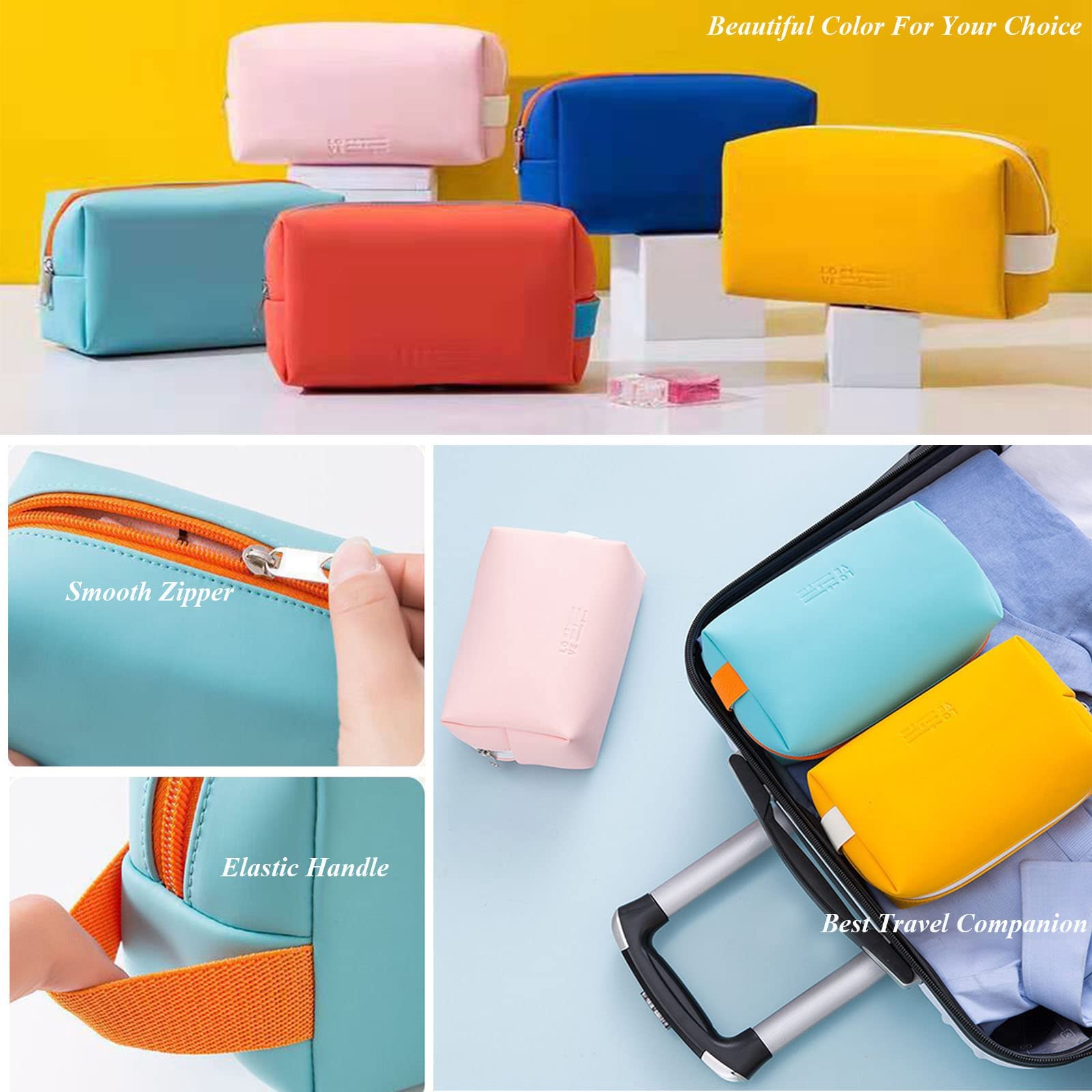 AUSEKALY Makeup Bag Cosmetic Bag Sets 3 Pcs For Women Travel Toiletry Bag for Girl Cute Large Make Up Bag With Brush Bag + Small Cosmetic Pouch Blue Orange Yellow