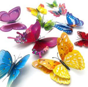 3d butterfly wall decor stickers, double wings butterfly decorations, 24pcs removable butterflies with magnet, diy party flower decor gift for girls dorm, baby kids bedroom, living room