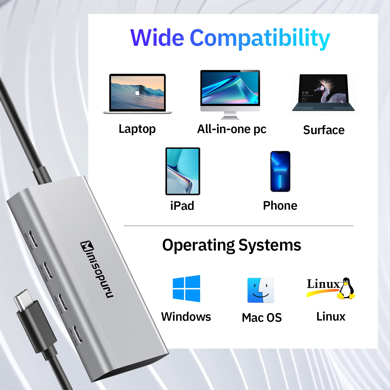 Minisopuru 4 Ports USB C Hub – 10Gbps USB Hub for Laptop, USB Hub Multiport Adapter for MacBook Pro, MacBook, MacBook Air, iPad, Surface Pro, Chromebook. (No Charging/Video Transfer)