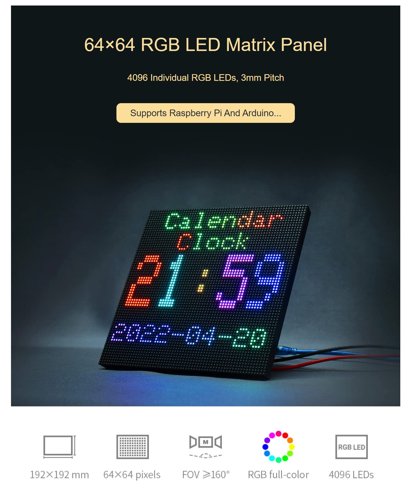 Coolwell RGB Full-Color LED Matrix Panel for Raspberry Pi and Ardui, 3mm Pitch, 64×64, 4096 Individual RGB LEDs, Brightness Adjustable