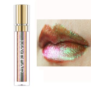 maydear chameleon lipstick, high pigmented green lipstick for women metallic shine lip gloss, full-coverage multichrome lipstick long lasting rainbow lip makeup, fuchsia green(02)