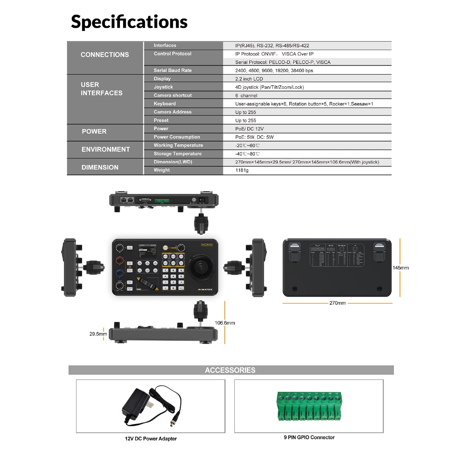 AVMATRIX PKC3000 PTZ Camera Controller IP Serial PTZ Keyboard with 4D Joystick IP, RS422 RS485 RS232 Interface LCD Screen PoE Supported for Church Conference Live Streaming