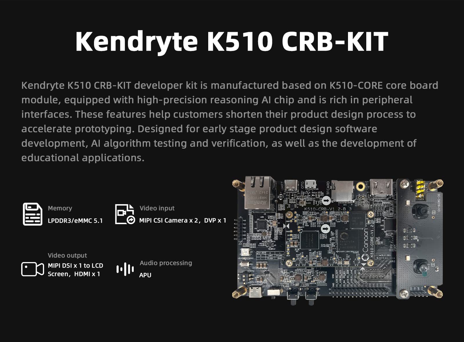 Kendryte K510 CRB-KIT Developer Kit Based on Dual-core 64-bit RISC-V AI SoC Chip 512M LPDDR3+16GB eMMC 5.1 Storage Support Linux System for AI Deep Learning