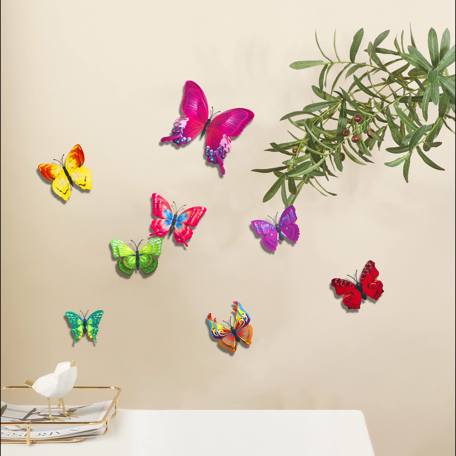 3D Butterfly Wall Decor Stickers, Double Wings Butterfly Decorations, 24pcs Removable Butterflies with Magnet, DIY Party Flower Decor Gift for Girls Dorm, Baby Kids Bedroom, Living Room