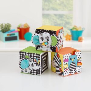 Sassy Baby Eli Elephant, Zebra and Monkey Multi-Colored Developmental Plush Baby Blocks, Set of Three with Crinkle, Mirror and Chime