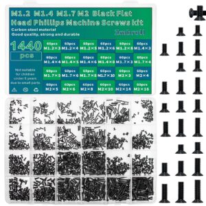 zmbroll 1440 pcs black laptop notebook computer screws m1.2 m1.4 m1.7 m2 flat head phillips machine screws countersunk ssd screws accessories mini machine computer screws assortments kits