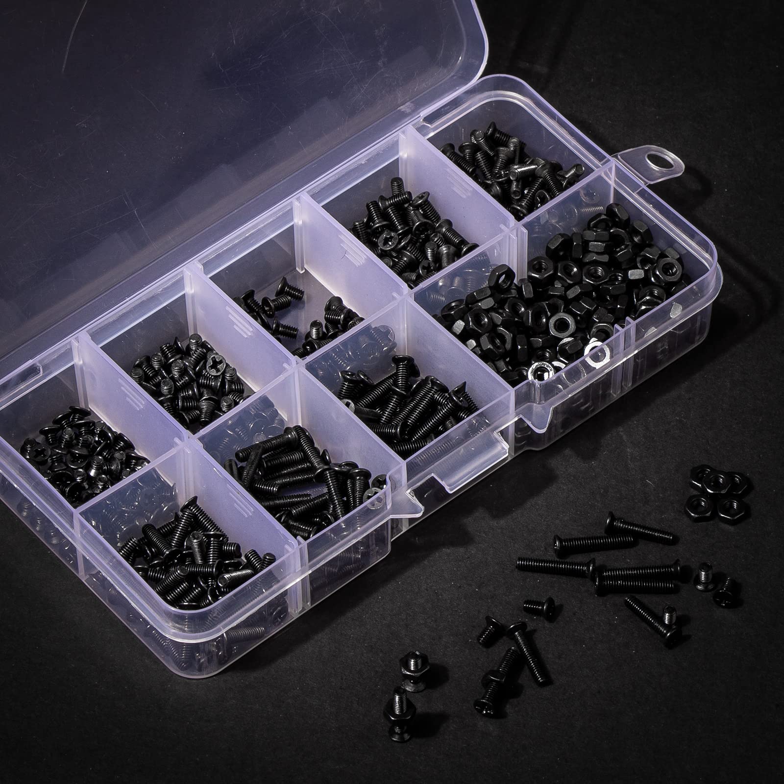 Zmbroll 620 Pcs M2.5 Flat Head Machine Screws Black Phillips Screws Bolts Nuts Assortment Kit M2.5 x 3mm/4mm/5mm/6mm/8mm/10mm/12mm/14mm