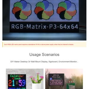 Coolwell RGB Full-Color LED Matrix Panel for Raspberry Pi and Ardui, 3mm Pitch, 64×64, 4096 Individual RGB LEDs, Brightness Adjustable