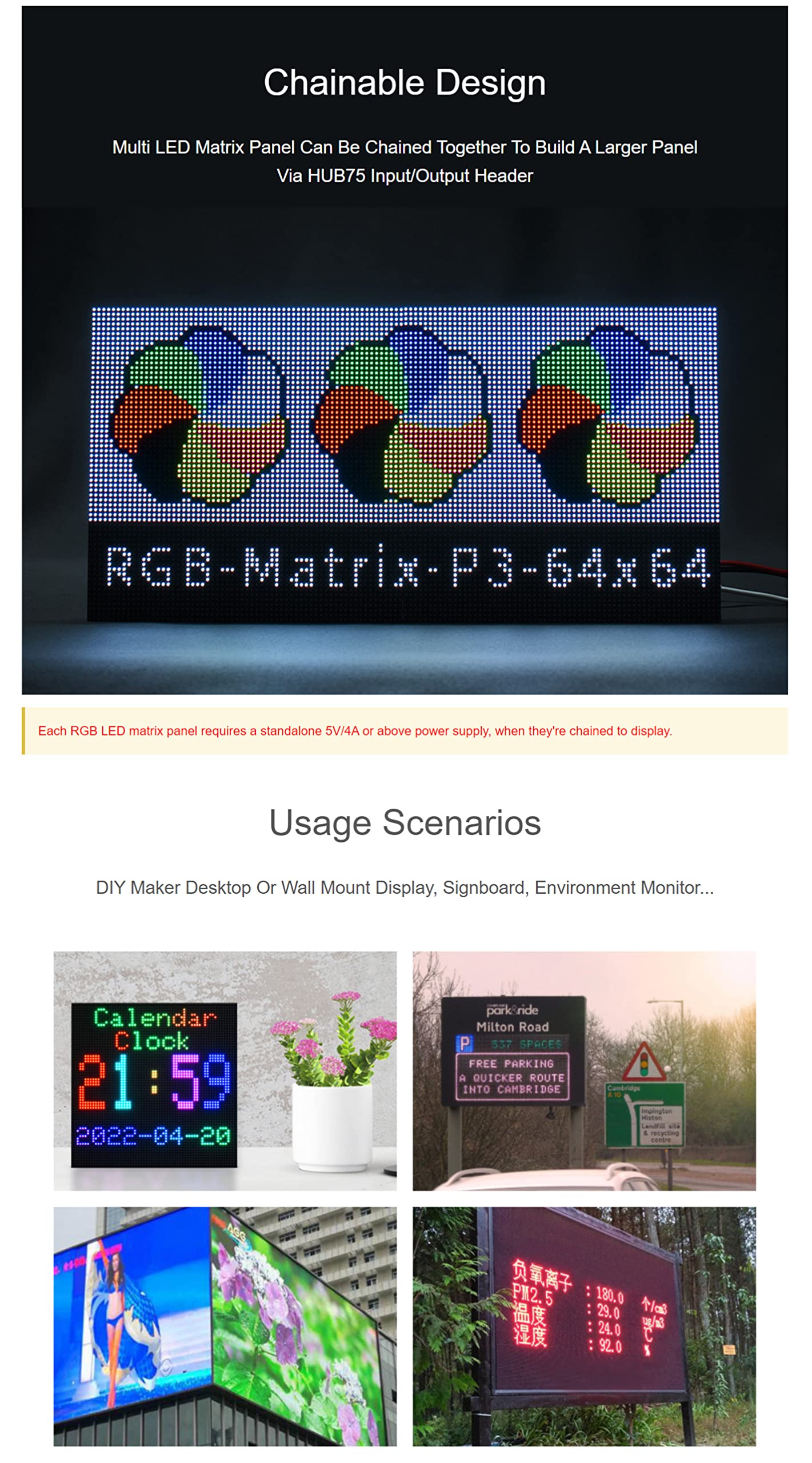 Coolwell RGB Full-Color LED Matrix Panel for Raspberry Pi and Ardui, 3mm Pitch, 64×64, 4096 Individual RGB LEDs, Brightness Adjustable