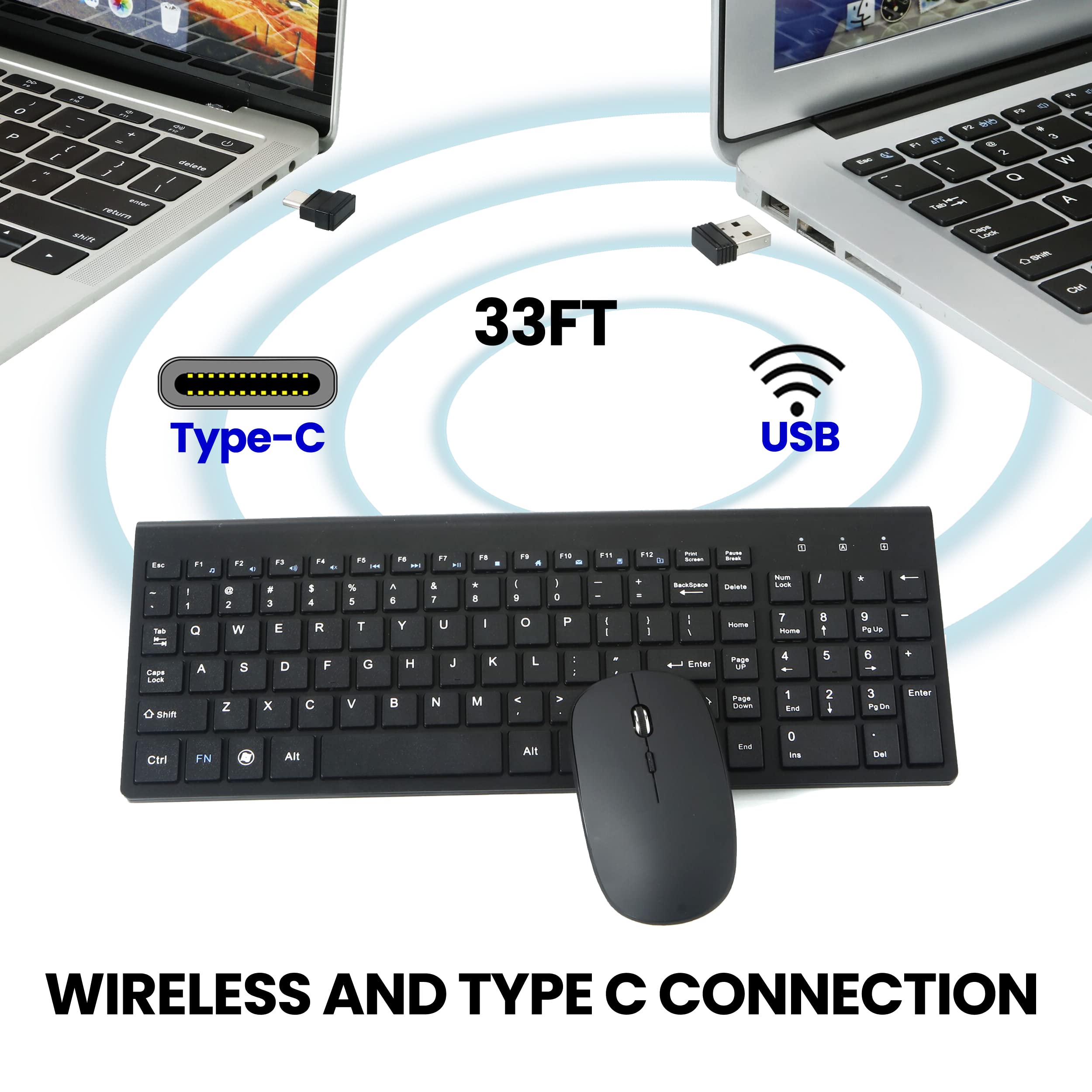 Fonicer Wireless Keyboard and Mouse Combo with USB C & USB A Receiver-Full Size Type c Keyboard and Mouse Compatible