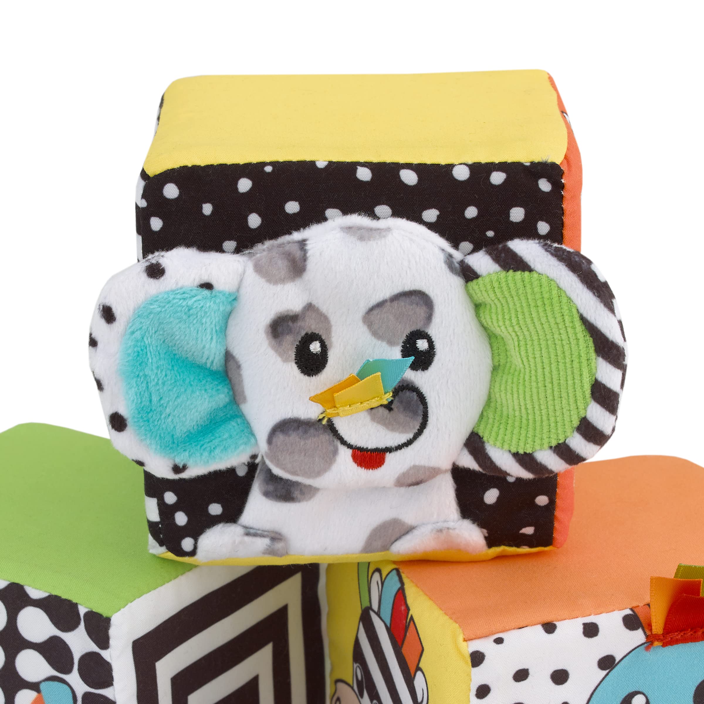 Sassy Baby Eli Elephant, Zebra and Monkey Multi-Colored Developmental Plush Baby Blocks, Set of Three with Crinkle, Mirror and Chime