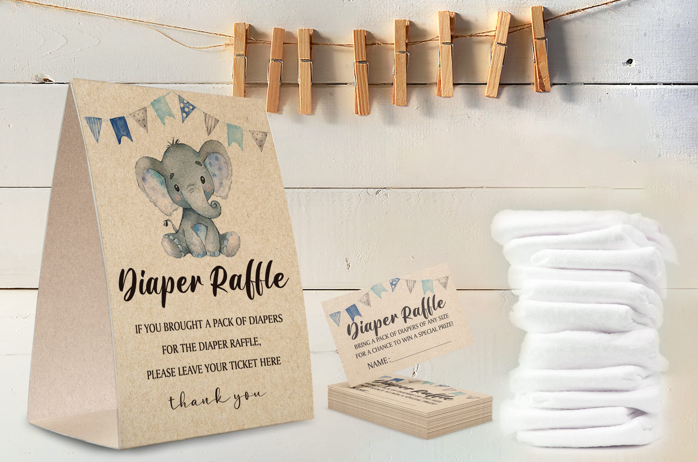 Kraft Paper Diaper Raffle Sign,Diaper Raffle Baby Shower Game Kit (1 Standing Sign + 50 Guessing Cards),Elephant Bunting Raffle Insert Ticket,Baby Showers Decorations-NPZ04