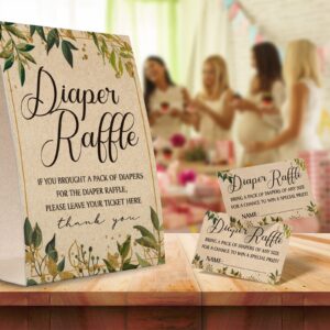 Kraft Paper Diaper Raffle Sign,Diaper Raffle Baby Shower Game Kit (1 Standing Sign + 50 Guessing Cards),Greenery Raffle Insert Ticket,Card for Baby Shower Game to Bring a Pack of Diapers-NPZ01