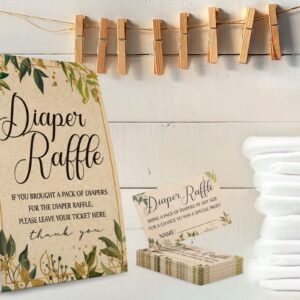 Kraft Paper Diaper Raffle Sign,Diaper Raffle Baby Shower Game Kit (1 Standing Sign + 50 Guessing Cards),Greenery Raffle Insert Ticket,Card for Baby Shower Game to Bring a Pack of Diapers-NPZ01