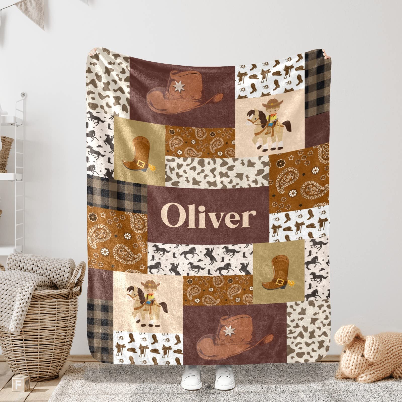 Deven Personalized Sherpa Fleece Baby Blankets for Boys,Girls,Cowboy Quilt,Custom New Born Receiving Blanket with Name for Baby Shower 30x40 in Gift