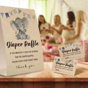 Kraft Paper Diaper Raffle Sign,Diaper Raffle Baby Shower Game Kit (1 Standing Sign + 50 Guessing Cards),Elephant Bunting Raffle Insert Ticket,Baby Showers Decorations-NPZ04