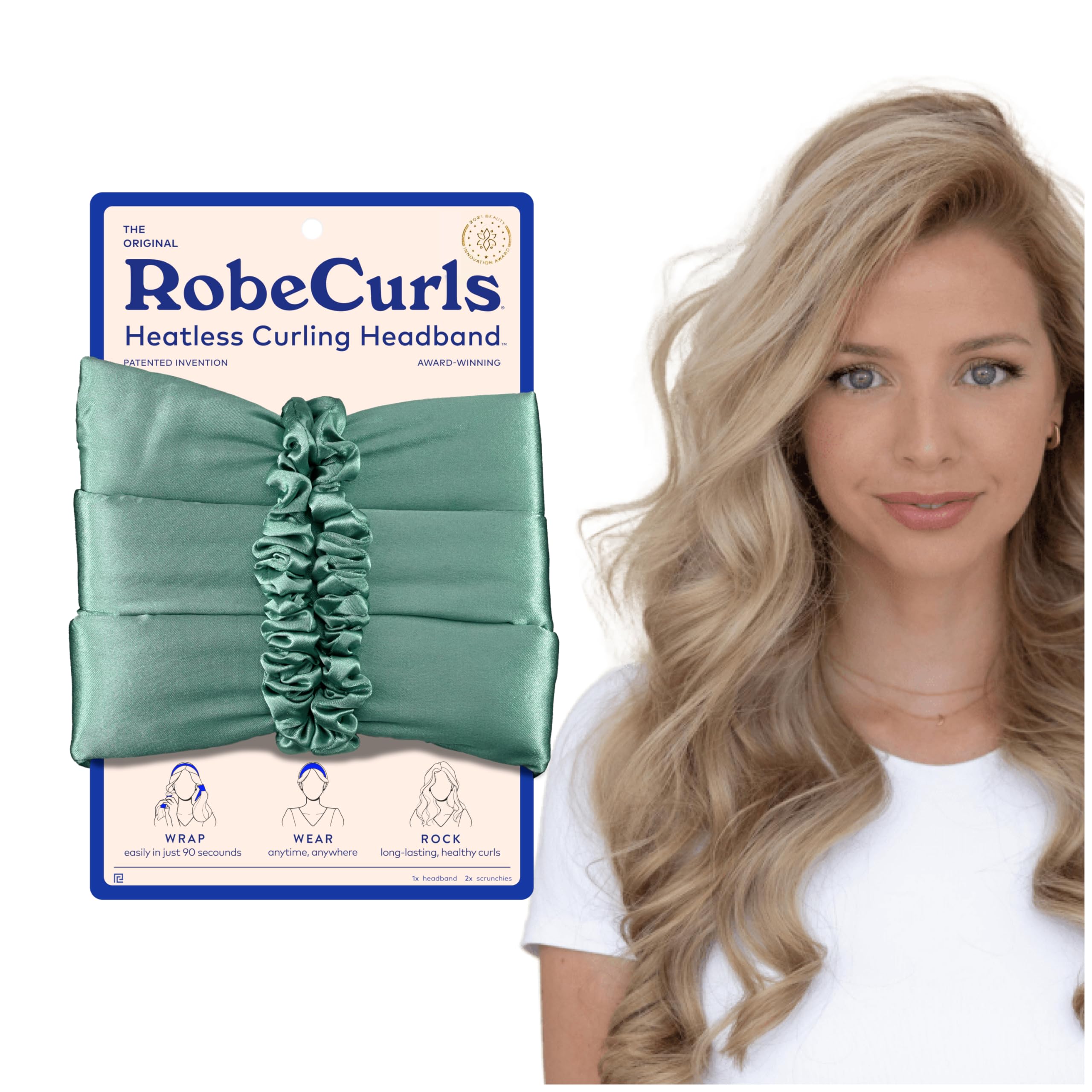 RobeCurls Heatless Curling Set - Teal Satin Overnight Headband for Natural, No-Heat Curls with 2 Scrunchies for Women - Gentle Styling Tool