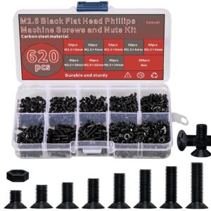 zmbroll 620 pcs m2.5 flat head machine screws black phillips screws bolts nuts assortment kit m2.5 x 3mm/4mm/5mm/6mm/8mm/10mm/12mm/14mm