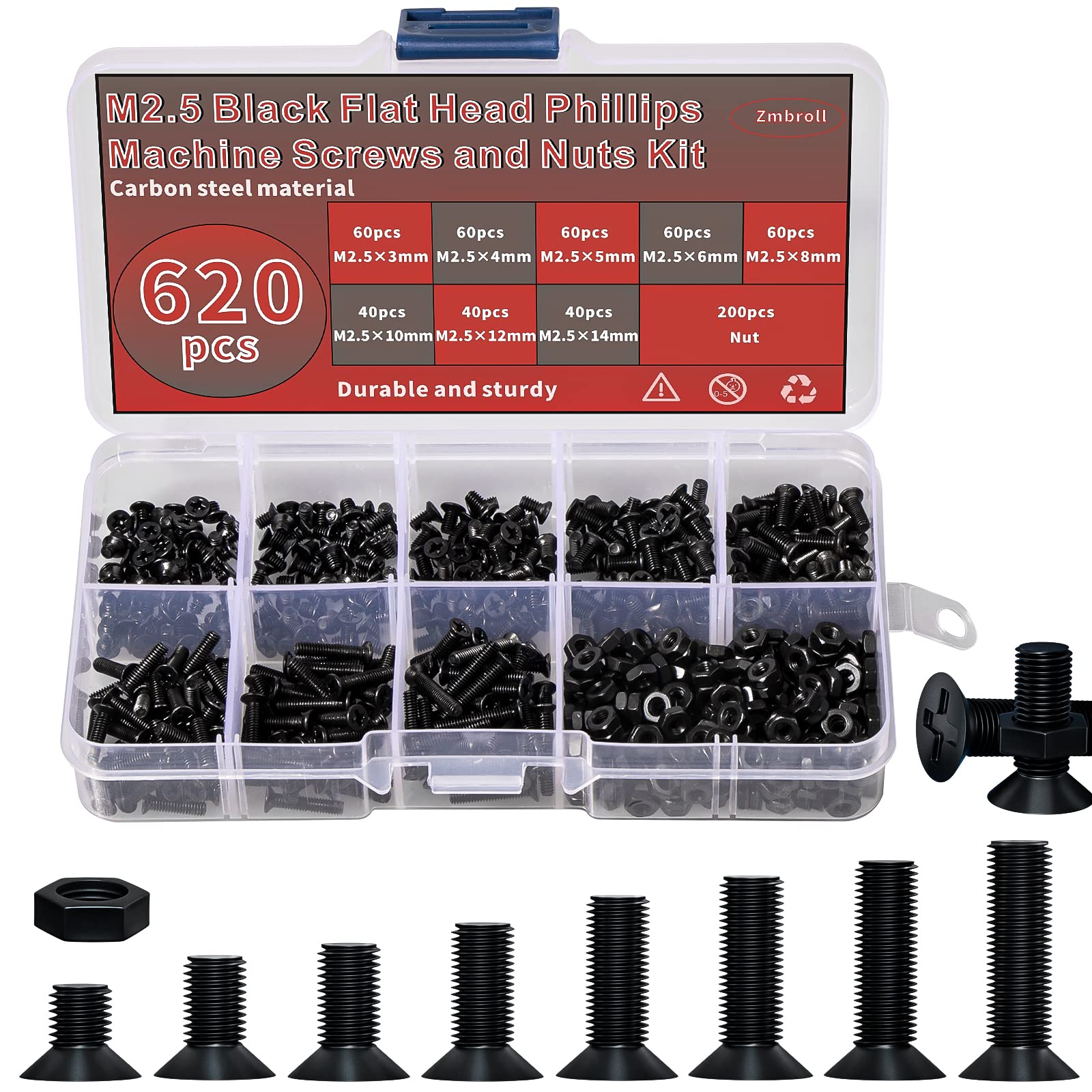 Zmbroll 620 Pcs M2.5 Flat Head Machine Screws Black Phillips Screws Bolts Nuts Assortment Kit M2.5 x 3mm/4mm/5mm/6mm/8mm/10mm/12mm/14mm