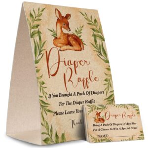 tesedupoole kraft paper diaper raffle sign,diaper raffle baby shower game kit (1 standing sign + 50 guessing cards),woodland forest animals insert ticket-npz12