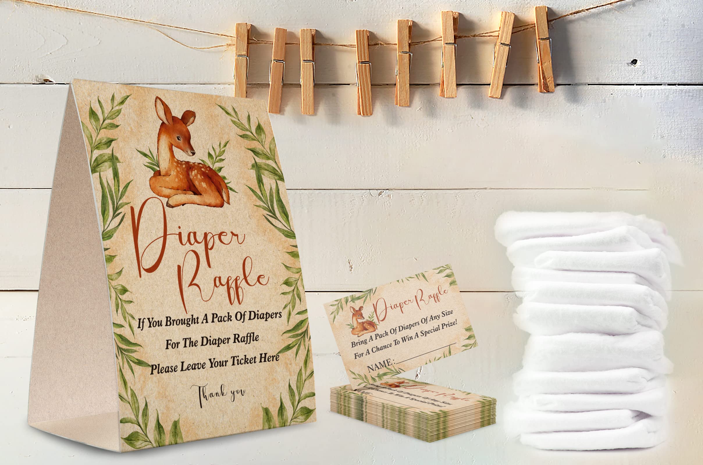 Tesedupoole Kraft Paper Diaper Raffle Sign,Diaper Raffle Baby Shower Game Kit (1 Standing Sign + 50 Guessing Cards),Woodland Forest Animals Insert Ticket-NPZ12