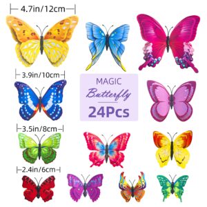 3D Butterfly Wall Decor Stickers, Double Wings Butterfly Decorations, 24pcs Removable Butterflies with Magnet, DIY Party Flower Decor Gift for Girls Dorm, Baby Kids Bedroom, Living Room