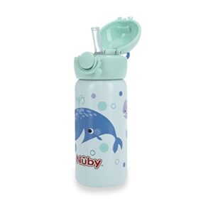 nuby thirsty kids no spill flip-it active stainless steel travel cup or water bottle - 14 oz - 18+ months - mint whale