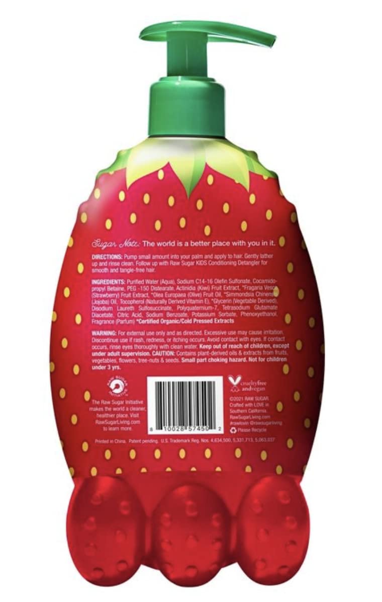 RS Raw Sugar Kids 2-in-1 Strawberry + Kiwi Shampoo and Conditioner 12 Oz. Plant Derived and Cold Pressed. Vegan and Cruelty Free., 12 Fl Oz (Pack of 1)