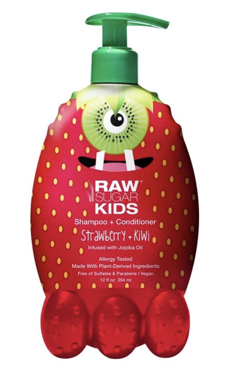 RS Raw Sugar Kids 2-in-1 Strawberry + Kiwi Shampoo and Conditioner 12 Oz. Plant Derived and Cold Pressed. Vegan and Cruelty Free., 12 Fl Oz (Pack of 1)