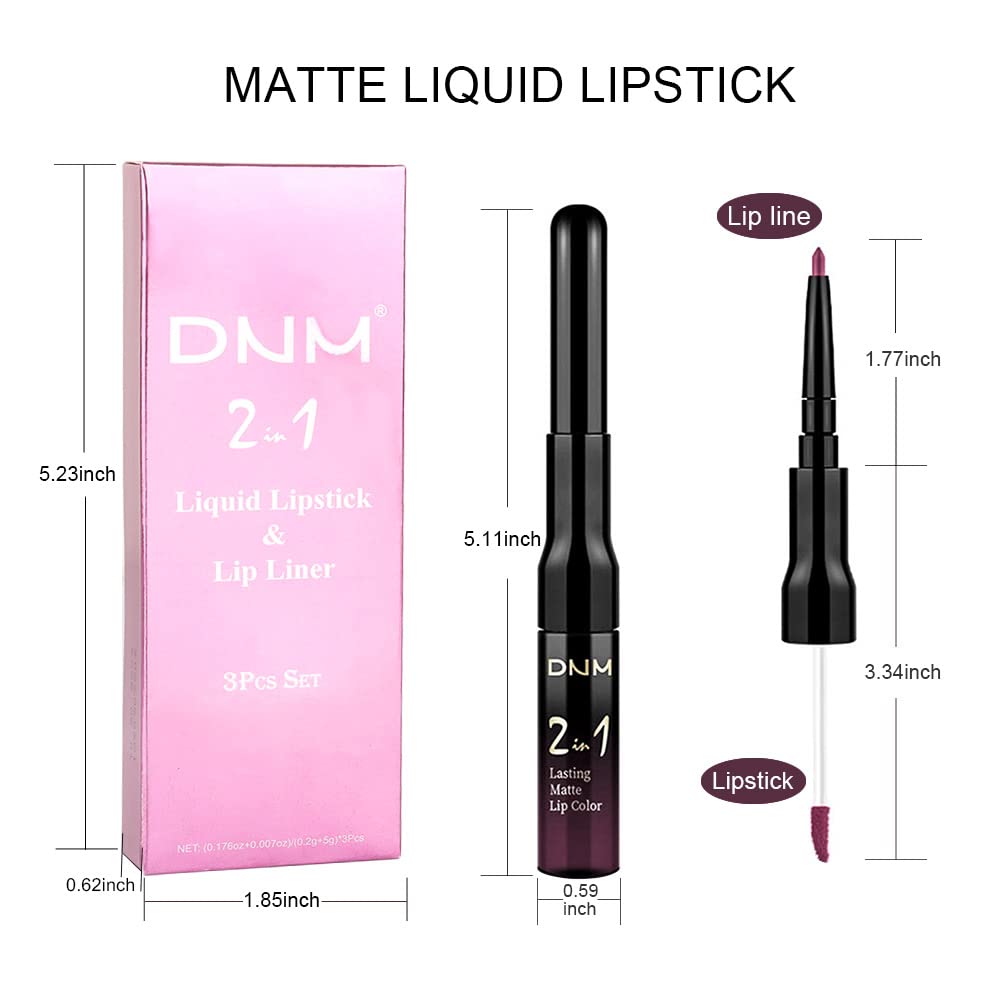 evpct 3Pcs Black Red Matte Lip Liner Pencil and Liquid Lipstick Sets for Women Long Lasting Lipstick 24 Hour Waterproof Dark red Purple Rose pink Lip Stick/Gloss Set labiales mate 24 horas originales