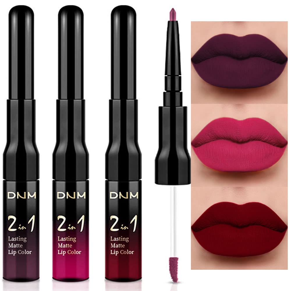 evpct 3Pcs Black Red Matte Lip Liner Pencil and Liquid Lipstick Sets for Women Long Lasting Lipstick 24 Hour Waterproof Dark red Purple Rose pink Lip Stick/Gloss Set labiales mate 24 horas originales