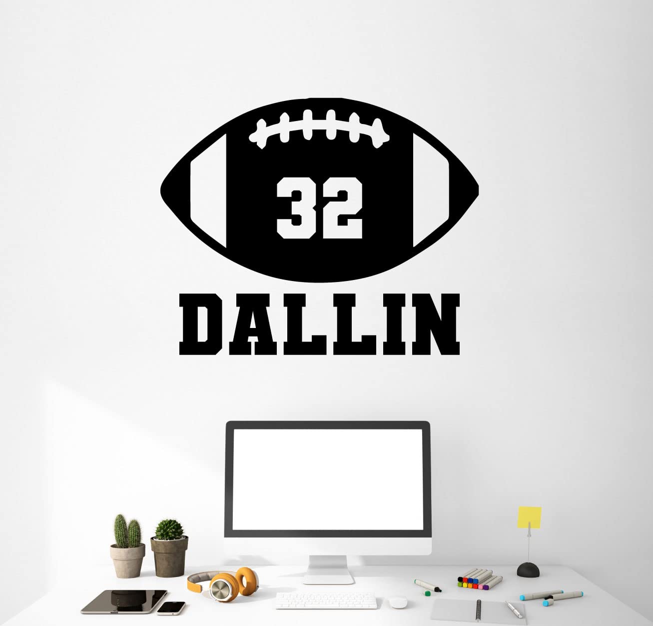 Football Vinyl Wall Decal - Customizable Home or Locker Room Decor - Football Decor With Player's Personalized Name and Number - Athlete's Wall Decor for Bedroom, Game Room or Home Gym - Removable Sticker