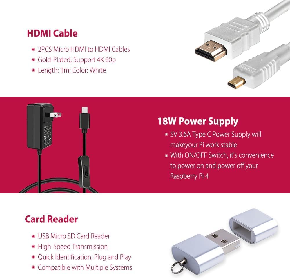 GeeekPi Starter Kit for Raspberry Pi 4 4GB, with Raspberry Pi 4, Case, 64GB Card, Card Reader, HDMI Cables and 18W USB C Power Supply