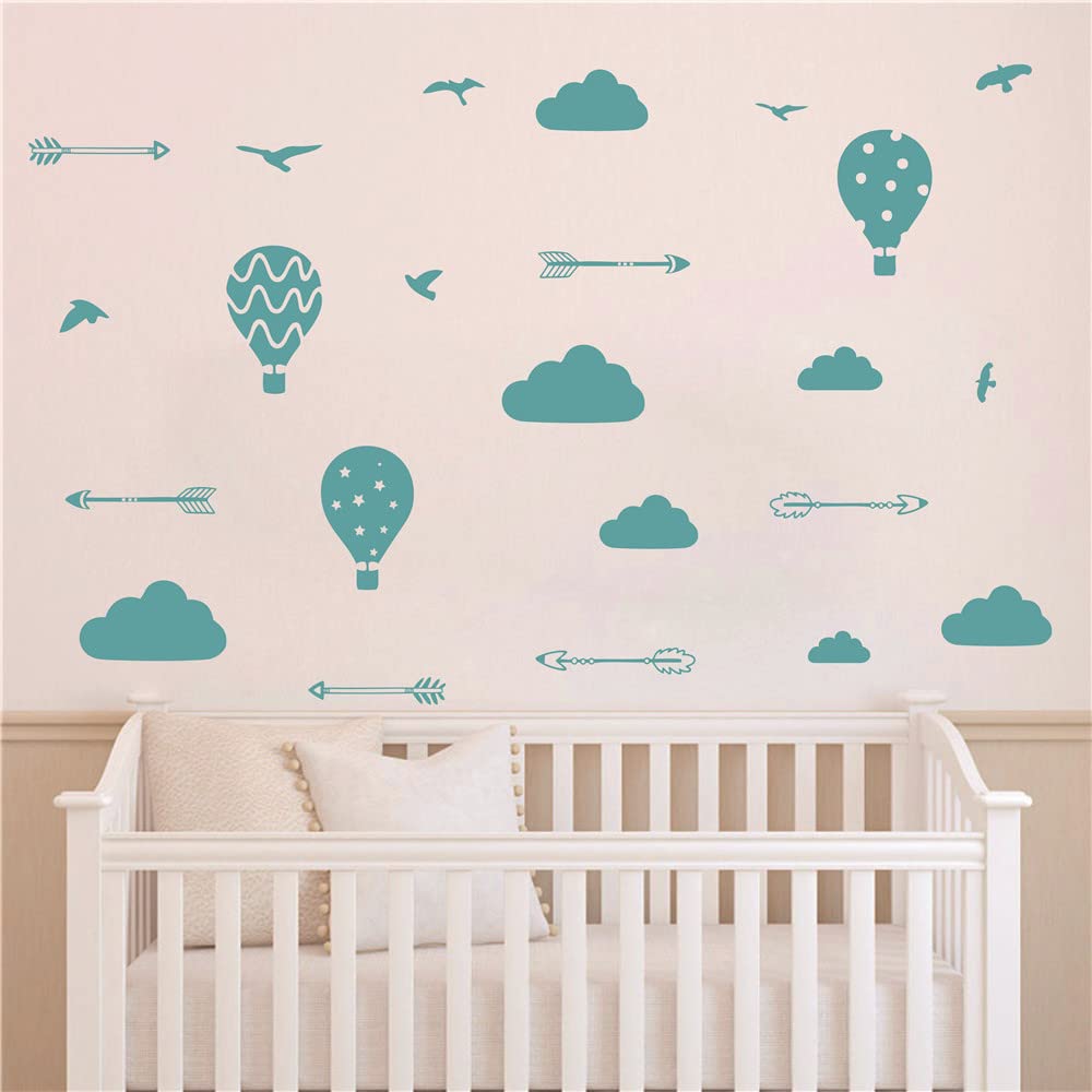 UILMNIY DIY Nursery Room Clouds and Air Ballon Wall Decal Removable Arrows Birds Airballon Wall Decor Sticker for Baby Bedroom Vinyl Kids Room Fashio Designed Wallpaper Stickers AFN19 (Teal Green)