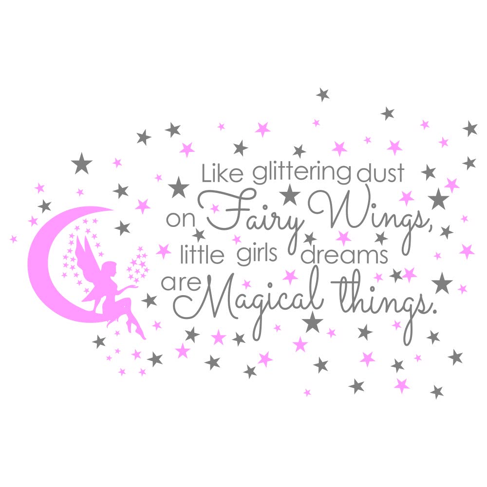 ANFRJJI Fairy and Dream Wall Sticker - Removable PVC Decal with Glittering Wings and Magical Quote - Fairy Moon and Stars Wall Art for Girls Bedroom, Kids Room -effect 24"x35"inch (Gray-JWH290-Fairy