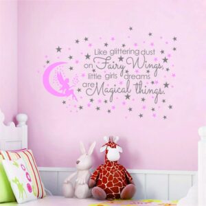 ANFRJJI Fairy and Dream Wall Sticker - Removable PVC Decal with Glittering Wings and Magical Quote - Fairy Moon and Stars Wall Art for Girls Bedroom, Kids Room -effect 24"x35"inch (Gray-JWH290-Fairy