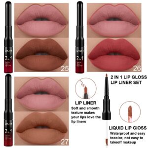 evpct 3Pcs Nude Brown Pink Dark Maroon Matte Lip Liner and Liquid Lipstick Sets for Dark Skin Black Women DNM Permanent Lipstick Lipliners Set 24 Hours Lip Stain Long Lasting Waterproof labiales mate