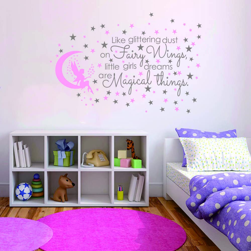 ANFRJJI Fairy and Dream Wall Sticker - Removable PVC Decal with Glittering Wings and Magical Quote - Fairy Moon and Stars Wall Art for Girls Bedroom, Kids Room -effect 24"x35"inch (Gray-JWH290-Fairy