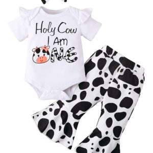 Slanavel Baby Girl First Birthday Outfit 1st Birthday Girl Clothes Holy Cow Im One Birthday Girl Outfit (White,12-18 Months)