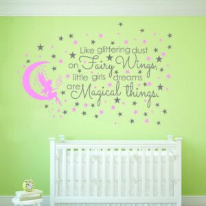 ANFRJJI Fairy and Dream Wall Sticker - Removable PVC Decal with Glittering Wings and Magical Quote - Fairy Moon and Stars Wall Art for Girls Bedroom, Kids Room -effect 24"x35"inch (Gray-JWH290-Fairy