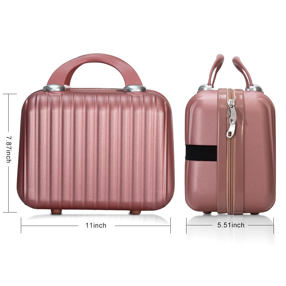 Hard Shell Makeup Case 11 inch Train Cosmetic Bag Travel Organizer Make up Toiletry Jewelry Portable ABS Mini Makeup Suitcase with Elastic Strap Gifts for her,RoseGold