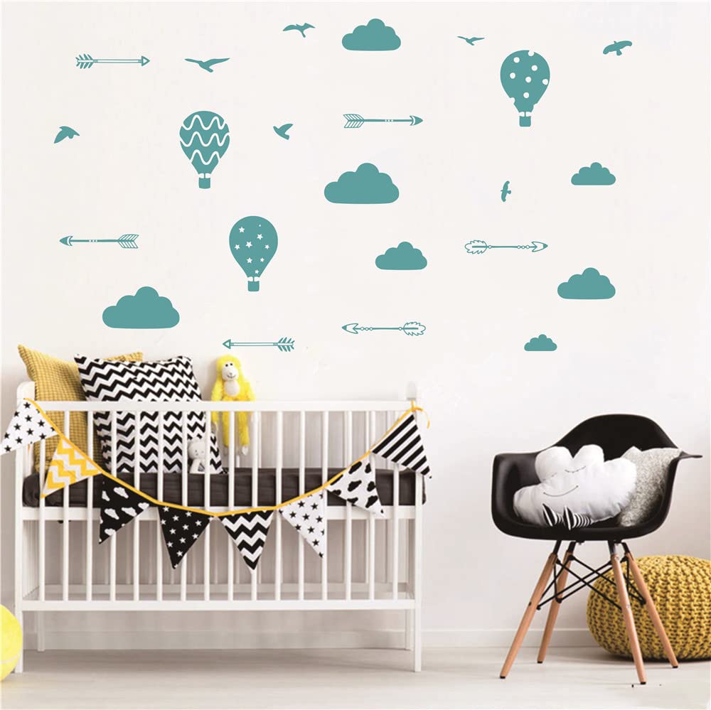 UILMNIY DIY Nursery Room Clouds and Air Ballon Wall Decal Removable Arrows Birds Airballon Wall Decor Sticker for Baby Bedroom Vinyl Kids Room Fashio Designed Wallpaper Stickers AFN19 (Teal Green)