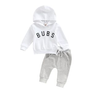 visgogo infant baby boy clothes set letter printed long sleeve hooded pullover tops + elastic drawstring pants with pockets (a-bubs-white, 3-6 months)