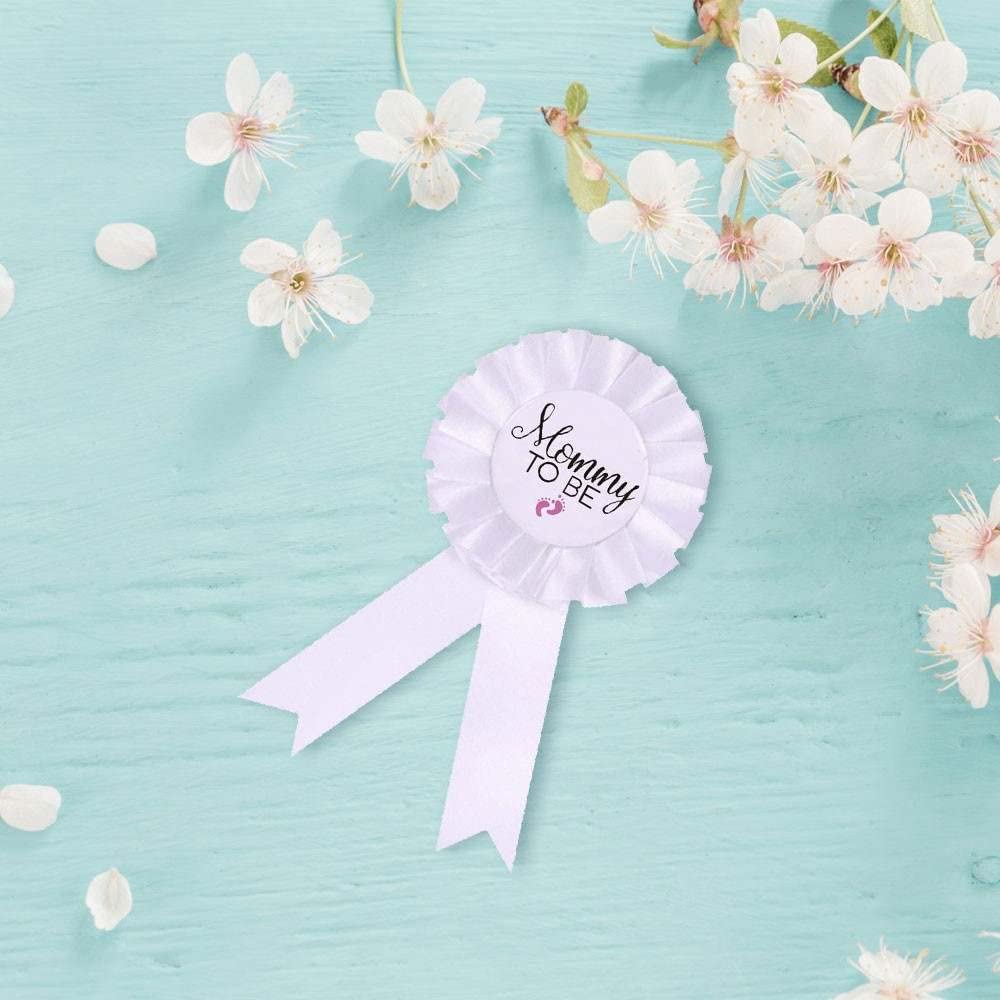 CoolerthingsDG, 1 Mommy to be Tinplate Badge Pin - Baby Shower Button New Mom Gifts Gender Reveals Party Baby Girl White Rosette Button Baby Celebration (White, pink footprint)