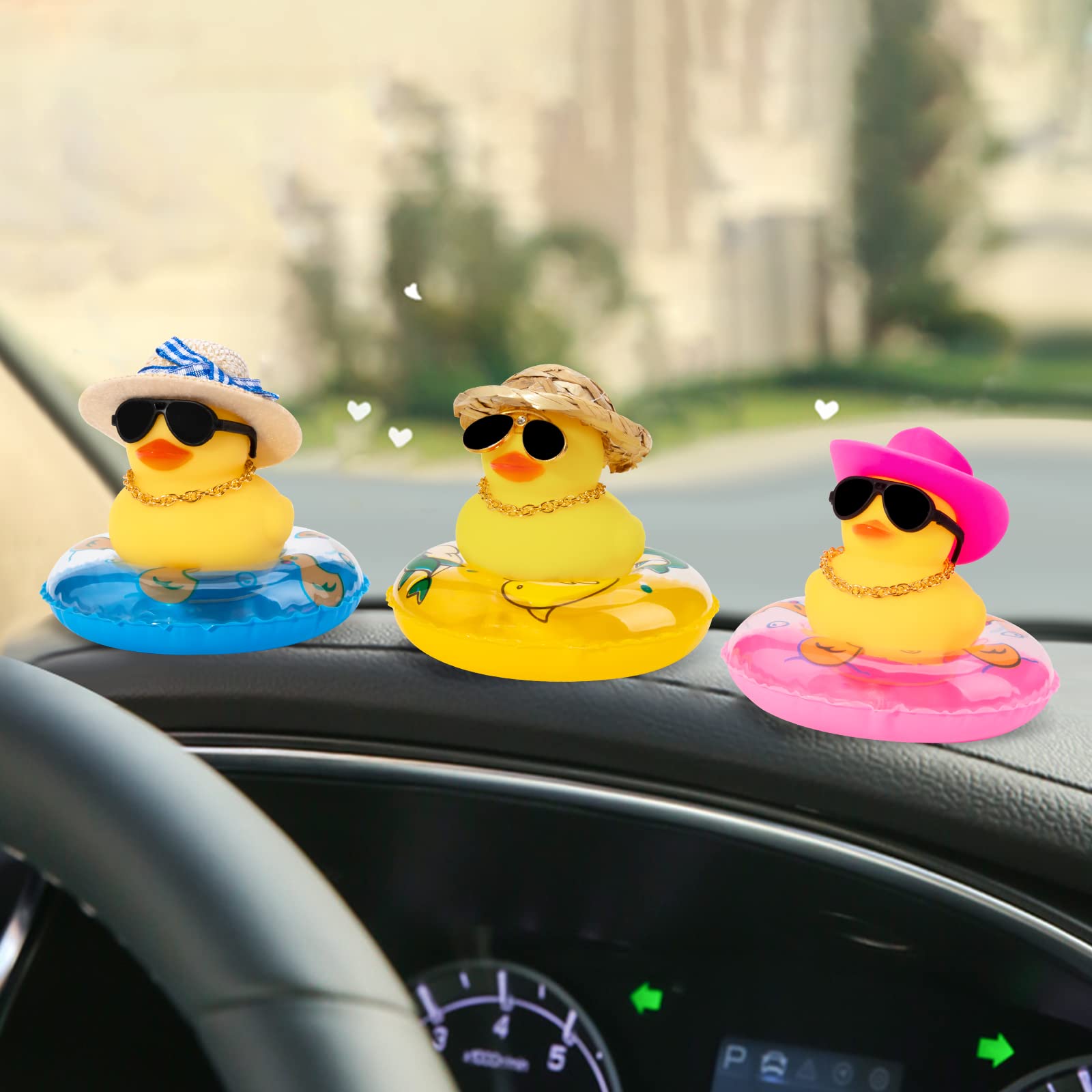 wonuu Rubber Duck Car Ornaments 3Pcs Yellow Duck Car Dashboard Decorations with Mini Hat Swim Ring Necklace Sunglasses, Straw&Blue Straw&Cowboy Hat