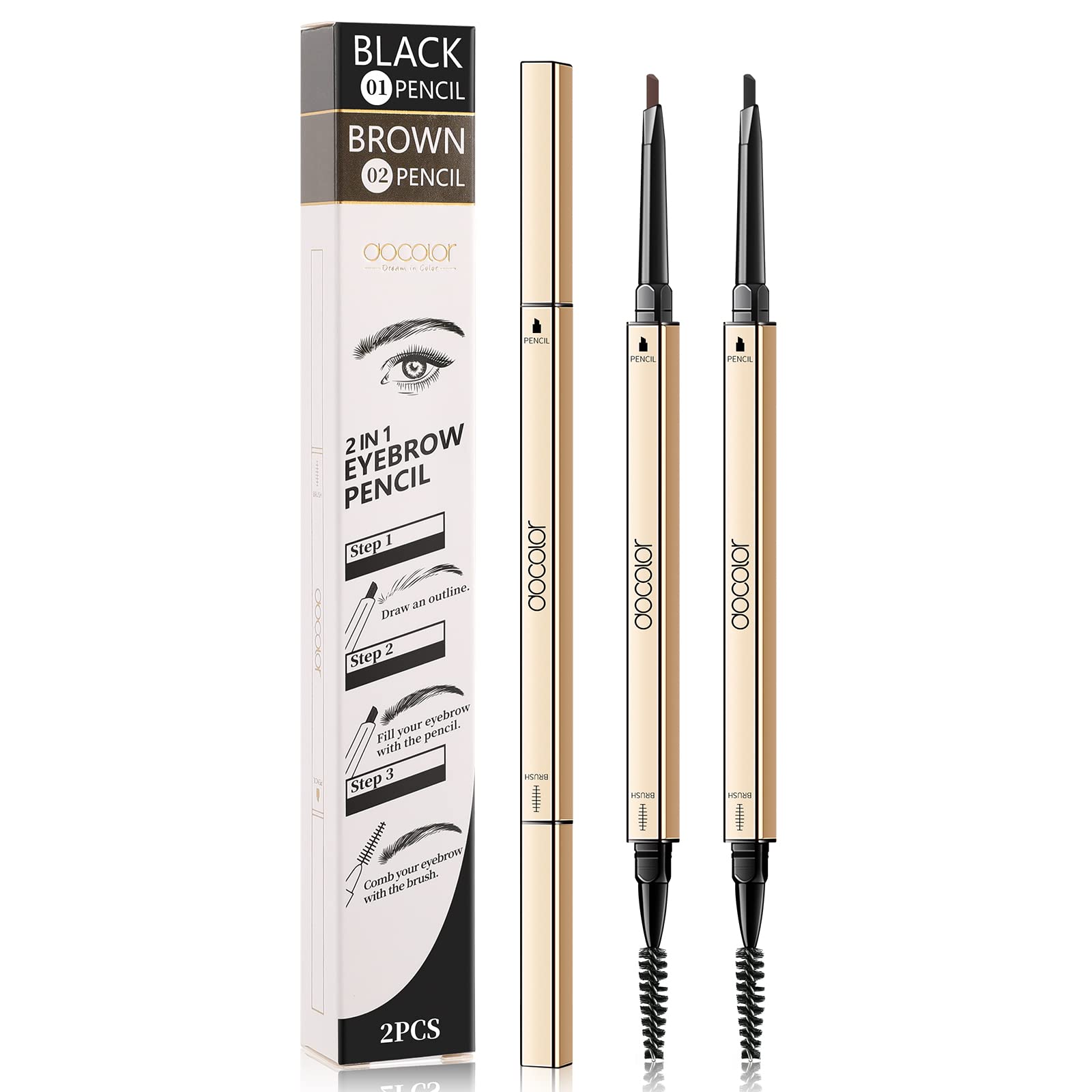 Docolor Makeup Micro Brow Pencil, Definer Eyebrow Pencil,Dual-Sided,Ultra-Fine Mechanical Pencil, Soft Brown and Black,2 Count