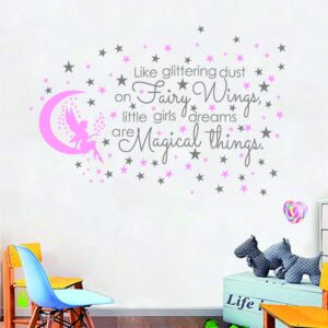 ANFRJJI Fairy and Dream Wall Sticker - Removable PVC Decal with Glittering Wings and Magical Quote - Fairy Moon and Stars Wall Art for Girls Bedroom, Kids Room -effect 24"x35"inch (Gray-JWH290-Fairy